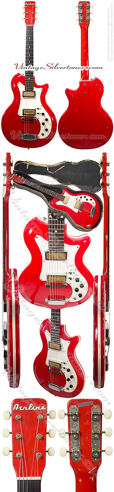 Airline 7270 semi-hollow body electric guitar 2 gold foil pickups, red finish, made by National, Supro, Valco in Chicago 1965, res-o-glass