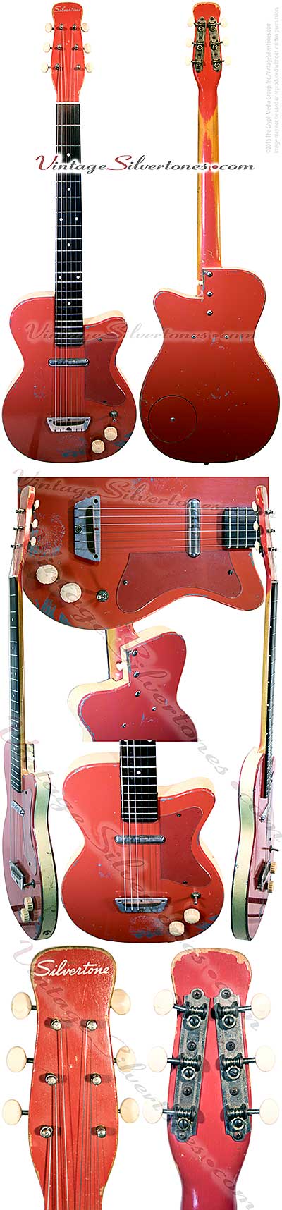 Silvertone 1358 made by Danelectro U1, one pickup, electric guitar, semi-hollow body, coral finish white vinyl binding, masonite body, lipstick pickup, made in 1955
