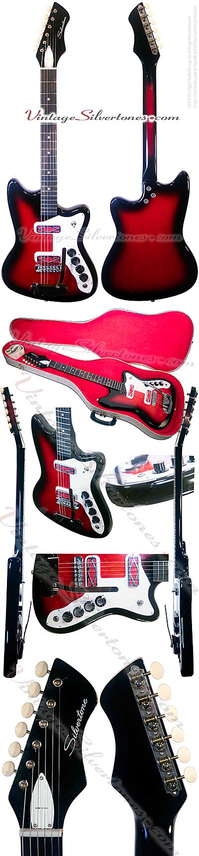 Silvertone -Harmony-made - 1479 solid body electric guitar with 1750 whammy bar double cutaway, redburst, 2 red pickups made 1967